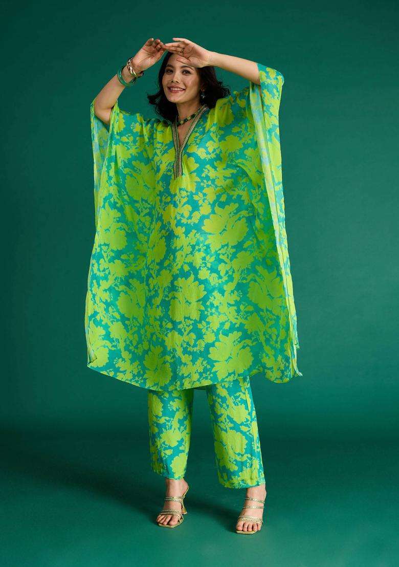 Green Chinon Floral Printed Kaftan Kurta with Inner and Pant Set of 3 for Women Fusion Wear - Indya