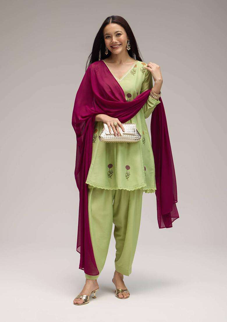 Green Chinon Printed Short Anarkali and Salwar with Dupatta Set of 3 for Women Festive Wear - Indya