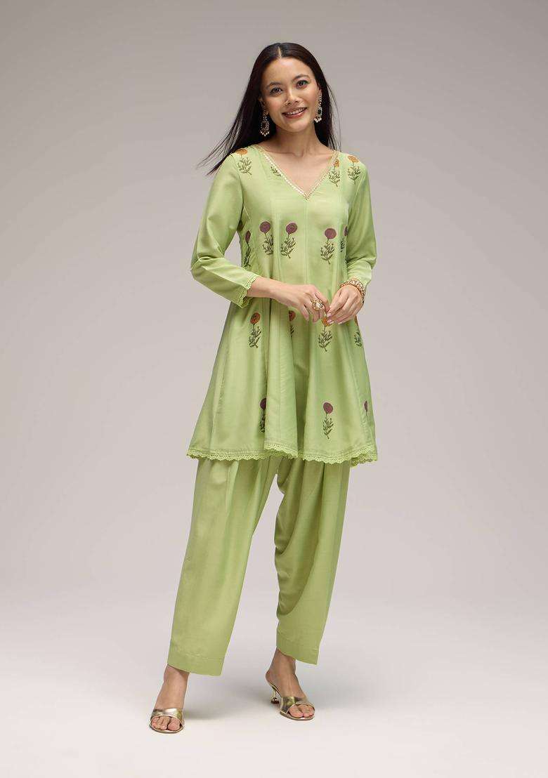 Green Chinon Printed Short Anarkali and Salwar with Dupatta Set of 3 for Women Festive Wear - Indya