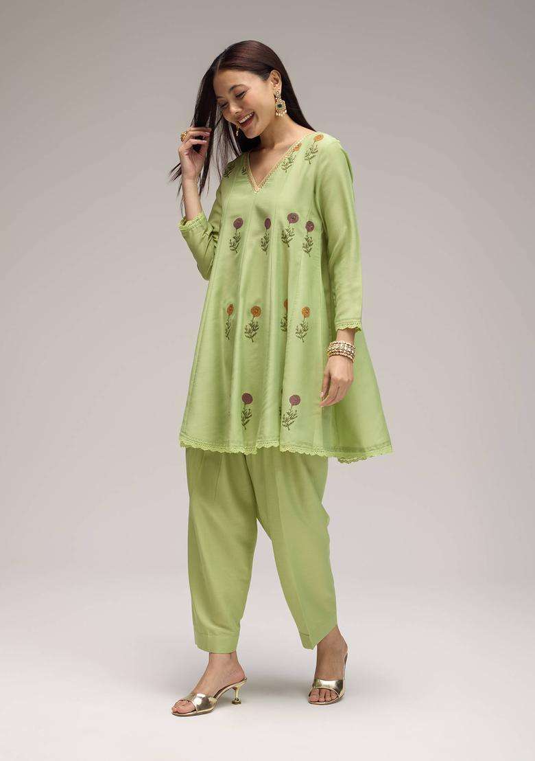 Green Chinon Printed Short Anarkali and Salwar with Dupatta Set of 3 for Women Festive Wear - Indya