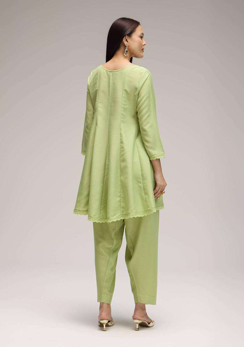 Green Chinon Printed Short Anarkali and Salwar with Dupatta Set of 3 for Women Festive Wear - Indya