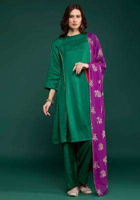 Green Embellished Kurta Pant and Printed Dupatta Set of 3 for Women Festive Wear