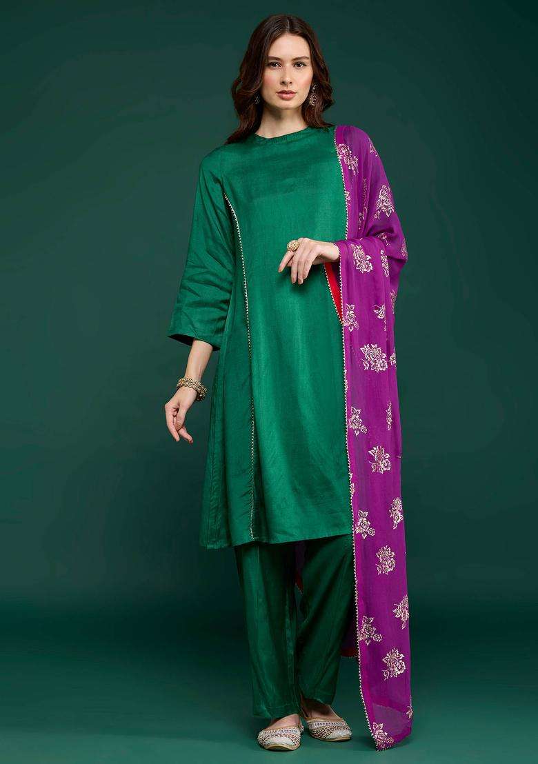 Green Embellished Kurta Pant and Printed Dupatta Set of 3 for Women Festive Wear - Indya