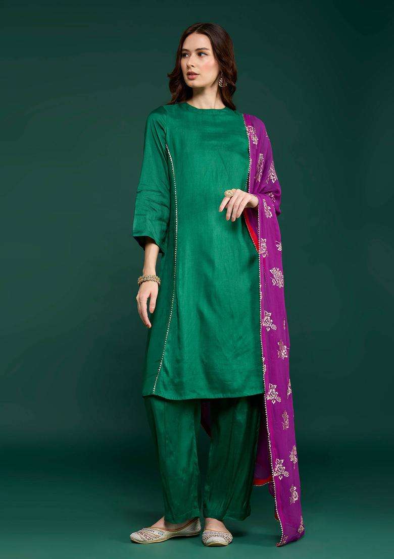 Green Embellished Kurta Pant and Printed Dupatta Set of 3 for Women Festive Wear - Indya