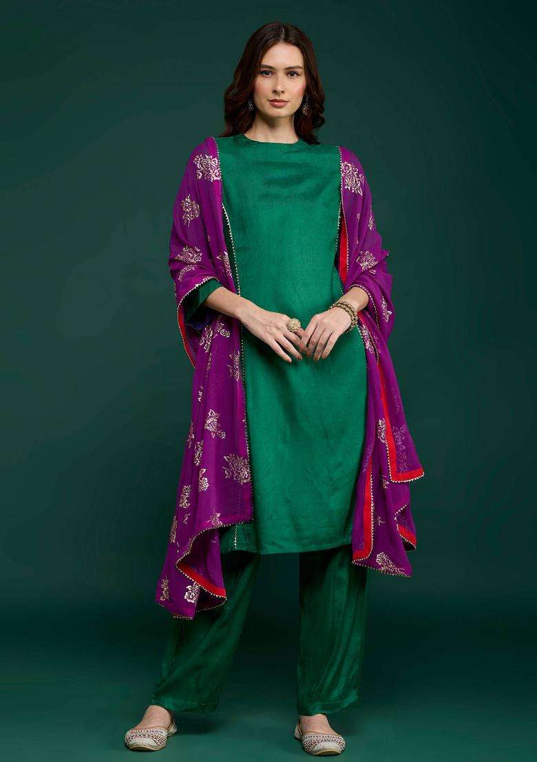 Green Embellished Kurta Pant and Printed Dupatta Set of 3 for Women Festive Wear - Indya