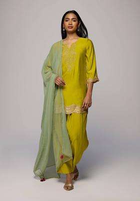 Lime Green Embroidered Kurta Farshi Salwar and Dupatta Set of 3 for Women Festive Wear