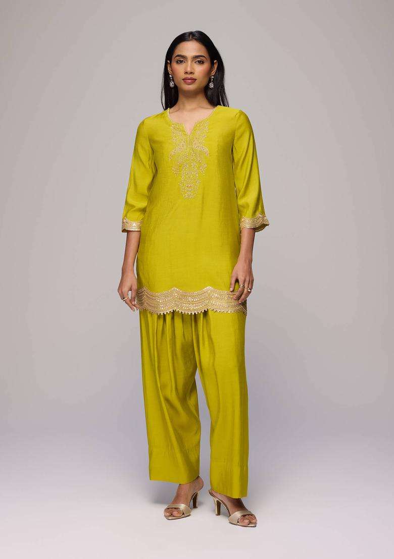 Lime Green Embroidered Kurta Farshi Salwar and Dupatta Set of 3 for Women Festive Wear - Indya