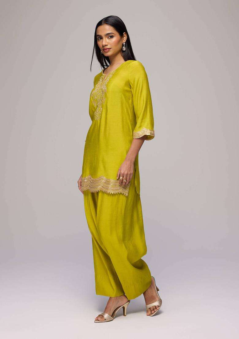 Lime Green Embroidered Kurta Farshi Salwar and Dupatta Set of 3 for Women Festive Wear - Indya