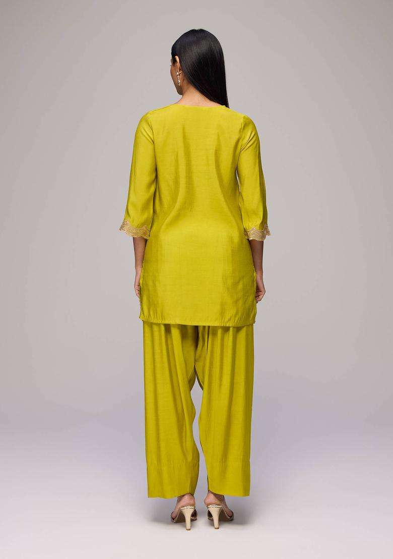 Lime Green Embroidered Kurta Farshi Salwar and Dupatta Set of 3 for Women Festive Wear - Indya