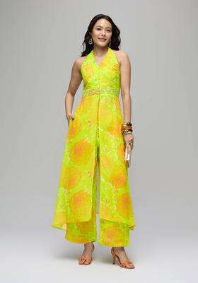Lime Green Georgette Embroidered Kurta Pant Co Ord Set of 2 for Women Festive Wear