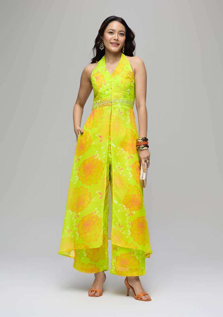 Lime Green Georgette Embroidered Kurta Pant Co Ord Set of 2 for Women Festive Wear - Indya