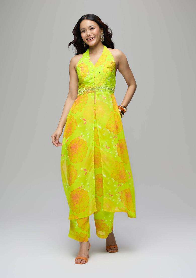 Lime Green Georgette Embroidered Kurta Pant Co Ord Set of 2 for Women Festive Wear - Indya
