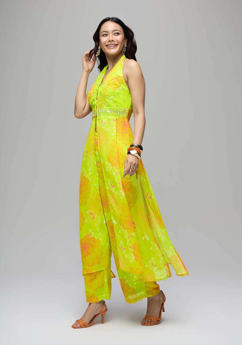 Lime Green Georgette Embroidered Kurta Pant Co Ord Set of 2 for Women Festive Wear - Indya