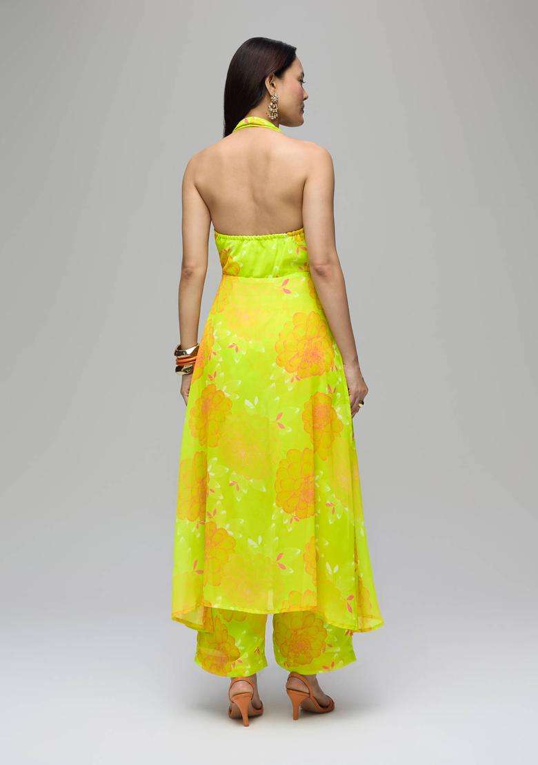 Lime Green Georgette Embroidered Kurta Pant Co Ord Set of 2 for Women Festive Wear - Indya