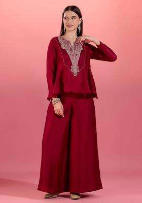 Maroon Chinon Embroidered Kurta with Sharara Set of 2 for Women Wedding Wear