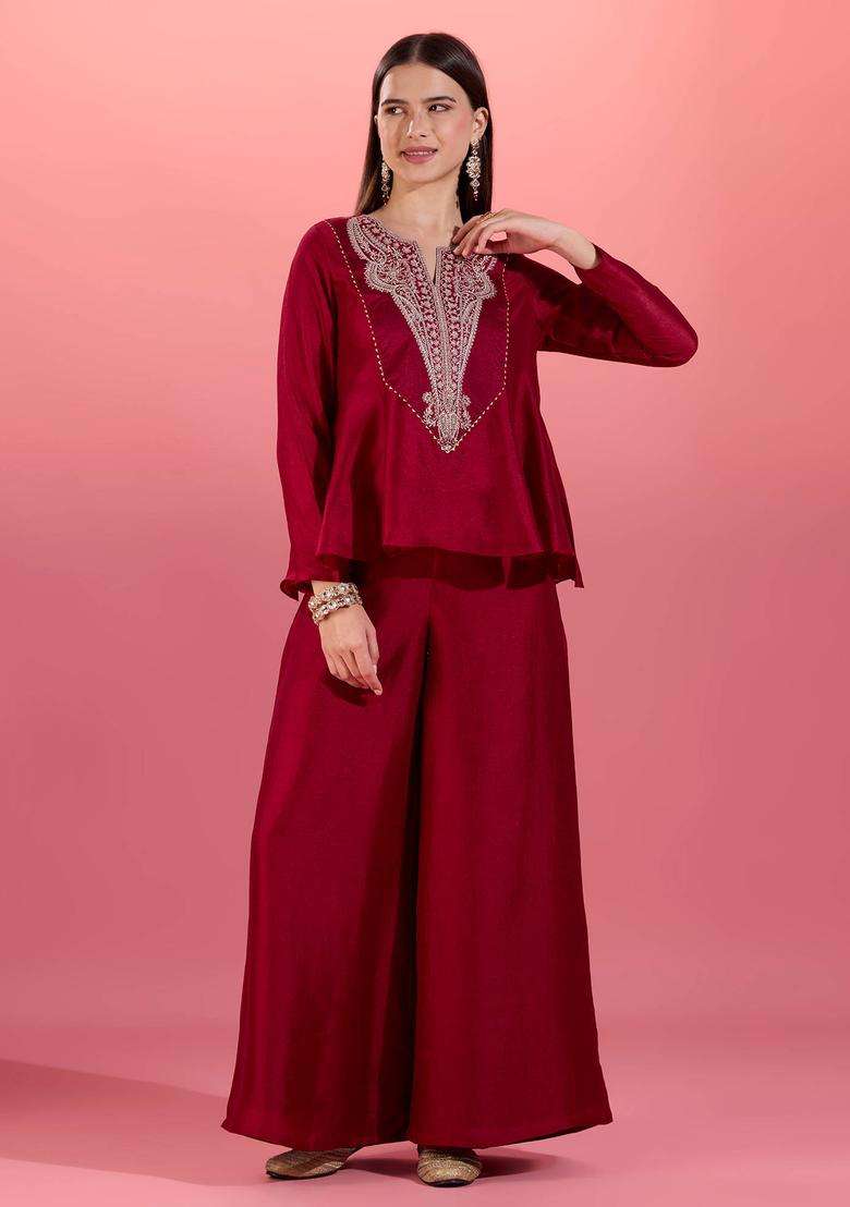 Maroon Chinon Embroidered Kurta with Sharara Set of 2 for Women Wedding Wear - Indya
