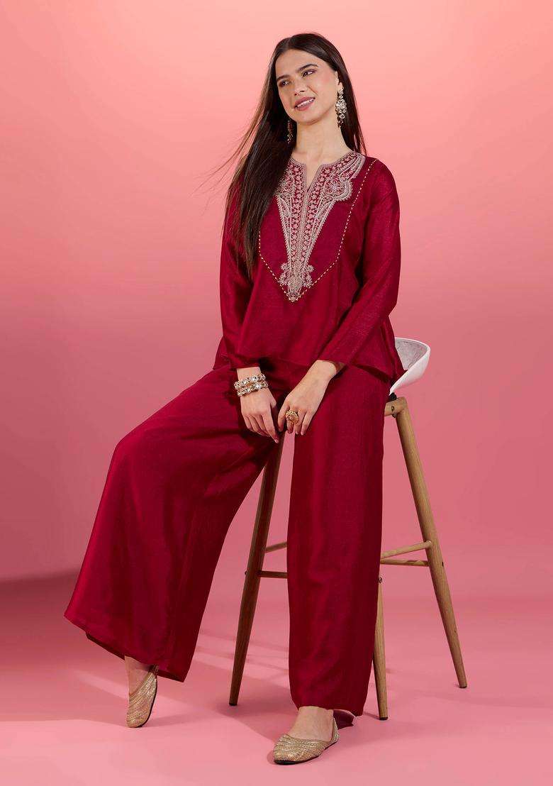 Maroon Chinon Embroidered Kurta with Sharara Set of 2 for Women Wedding Wear - Indya