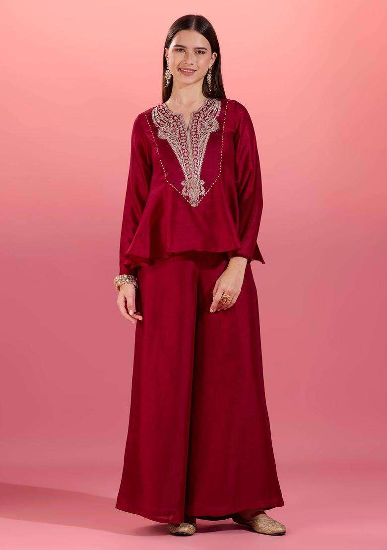 Maroon Chinon Embroidered Kurta with Sharara Set of 2 for Women Wedding Wear - Indya