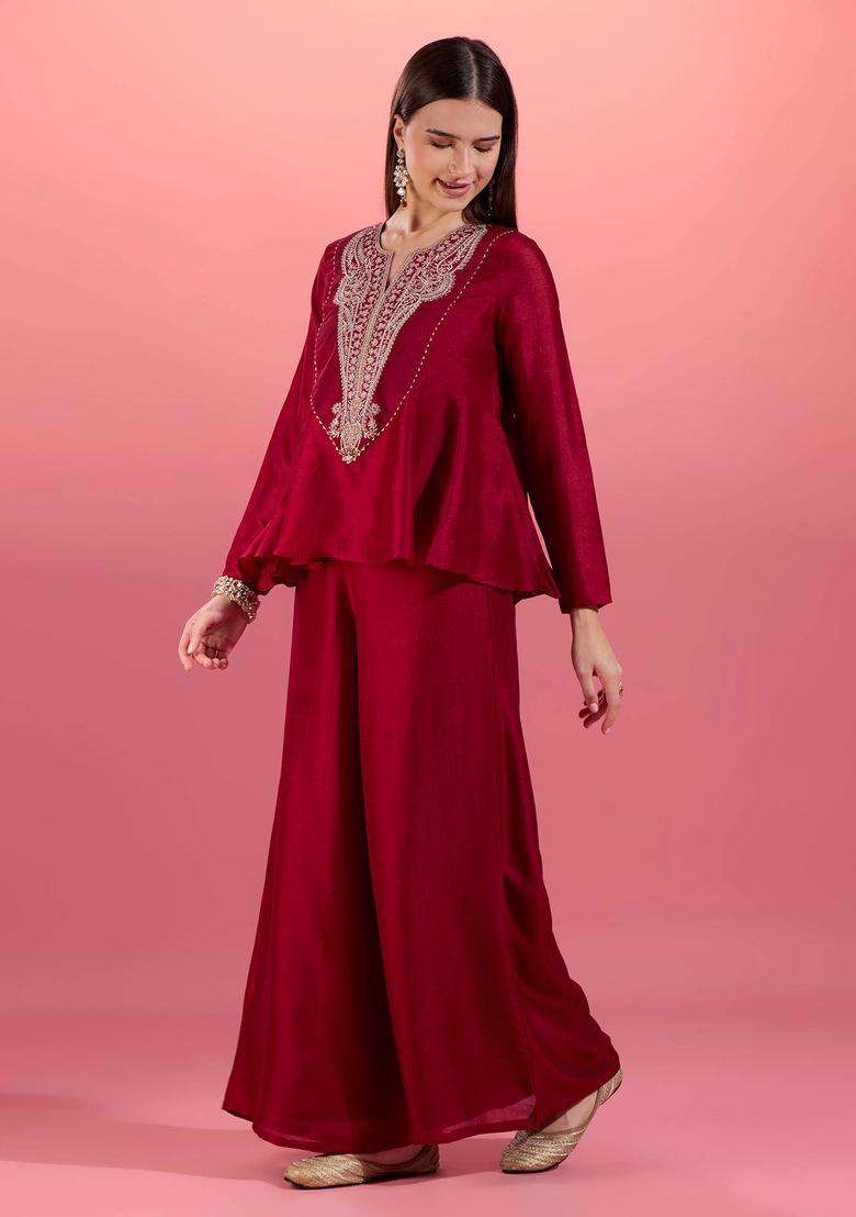 Maroon Chinon Embroidered Kurta with Sharara Set of 2 for Women Wedding Wear - Indya