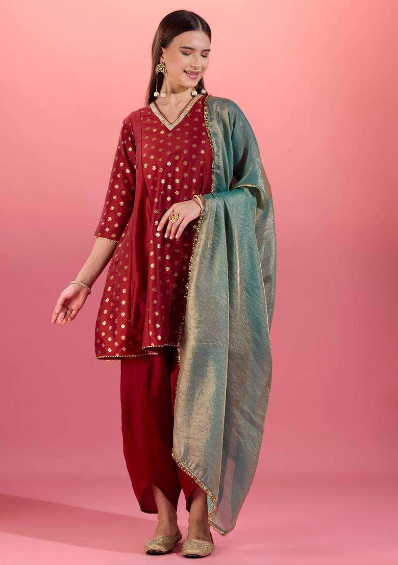 Maroon Print Embellished Kurta Salwar and Dupatta Set of 3 for Women Festive Wear - Indya