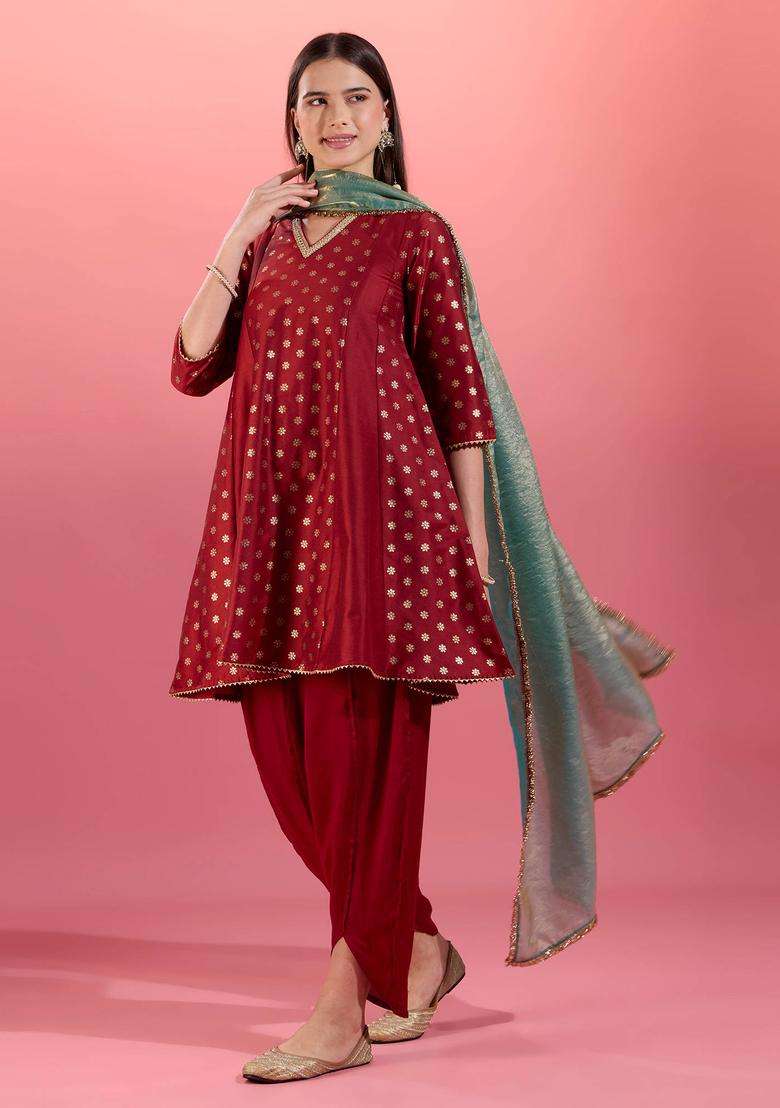 Maroon Print Embellished Kurta Salwar and Dupatta Set of 3 for Women Festive Wear - Indya