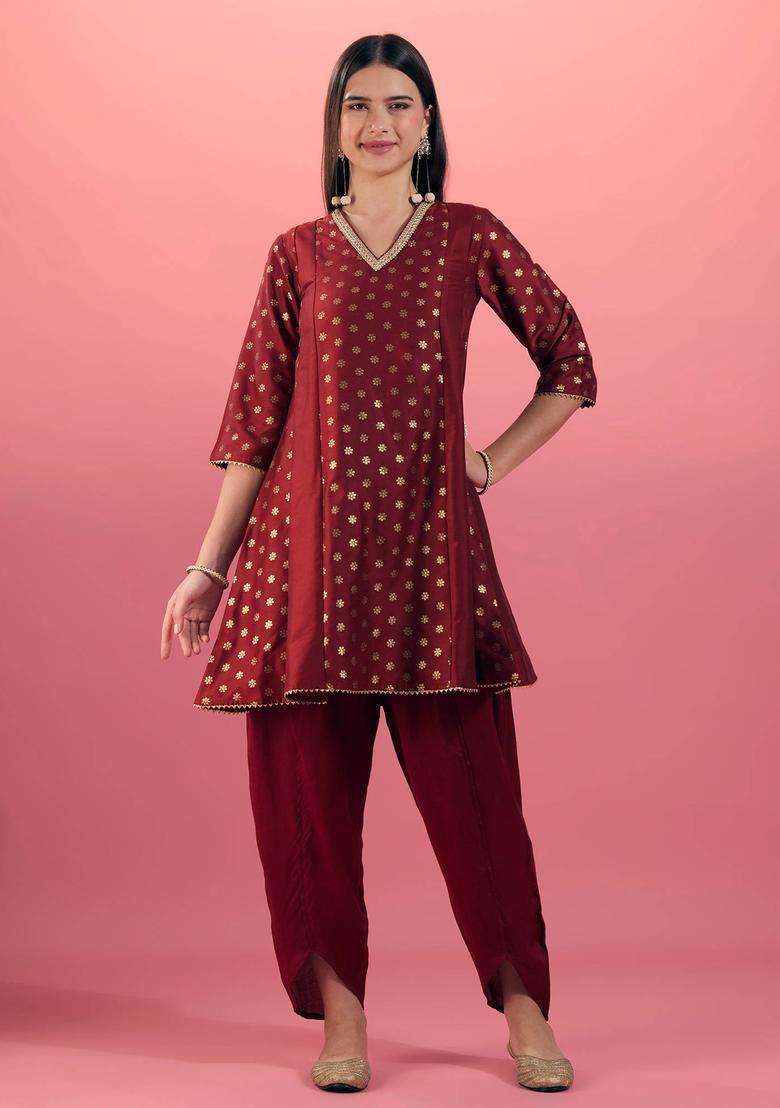 Maroon Print Embellished Kurta Salwar and Dupatta Set of 3 for Women Festive Wear - Indya