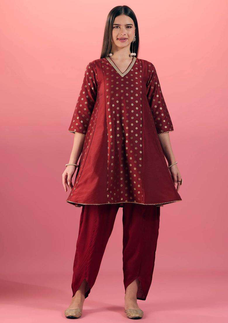 Maroon Print Embellished Kurta Salwar and Dupatta Set of 3 for Women Festive Wear - Indya