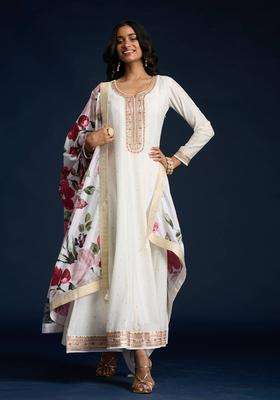 Off White Embroidered Anarkali Kurta and Dupatta Set of 2 for Women Festive Wear