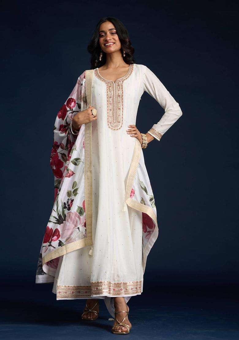 Off White Embroidered Anarkali Kurta and Dupatta Set of 2 for Women Festive Wear - Indya