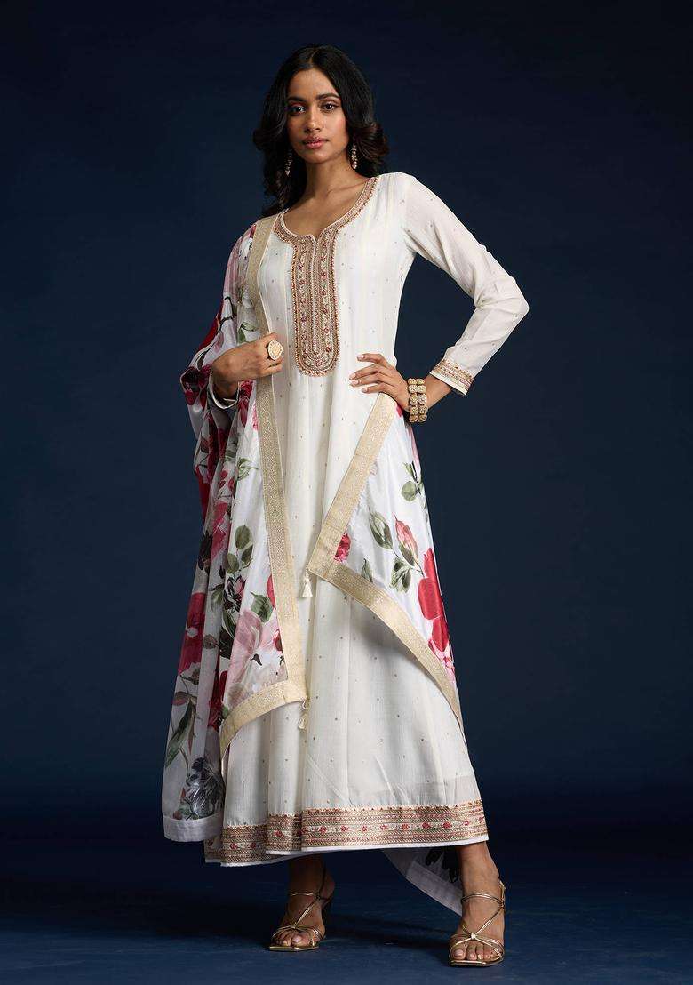 Off White Embroidered Anarkali Kurta and Dupatta Set of 2 for Women Festive Wear - Indya