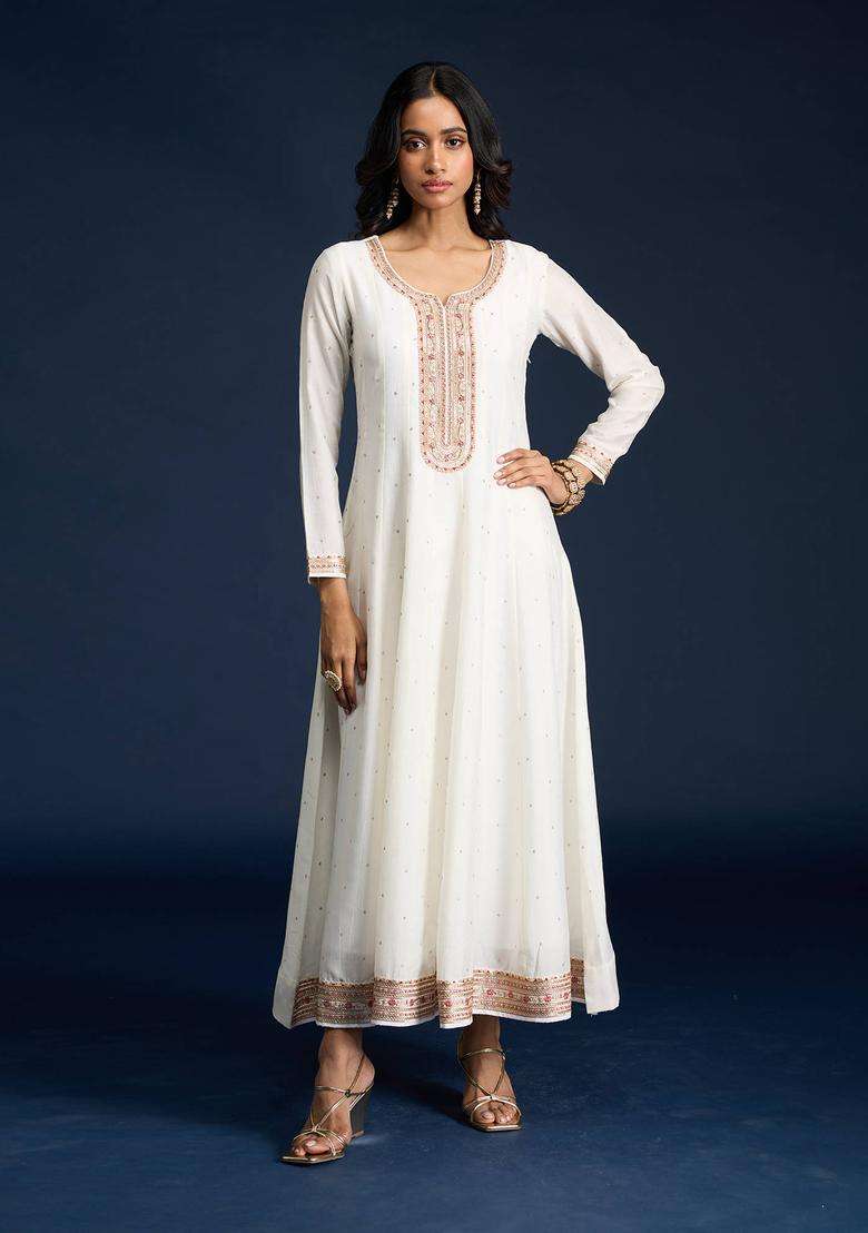 Off White Embroidered Anarkali Kurta and Dupatta Set of 2 for Women Festive Wear - Indya