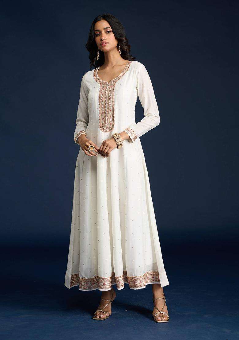 Off White Embroidered Anarkali Kurta and Dupatta Set of 2 for Women Festive Wear - Indya