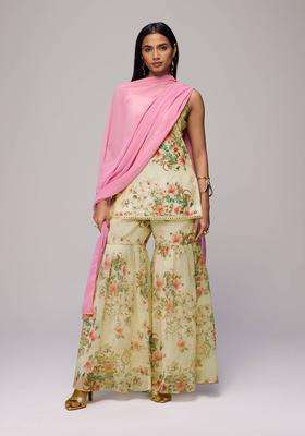 Off White Linen Floral Kurta and Sharara with Dupatta Set of 3 for Women Festive Wear