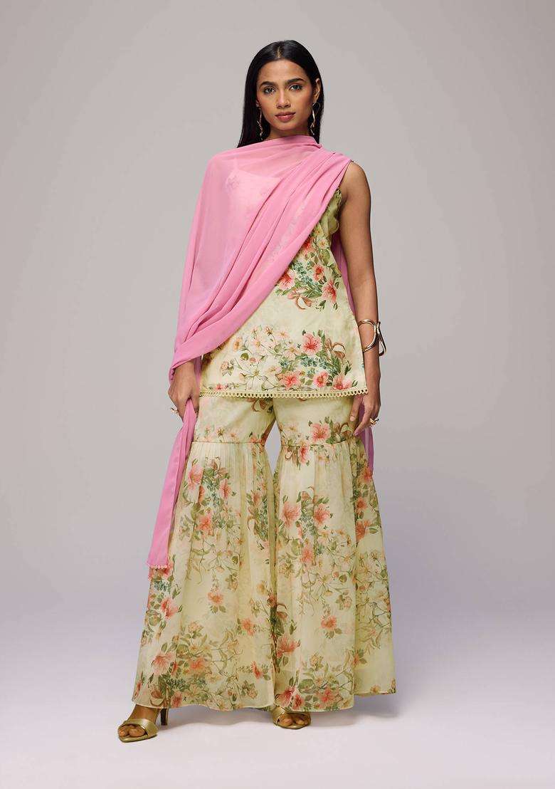 Off White Linen Floral Kurta and Sharara with Dupatta Set of 3 for Women Festive Wear - Indya