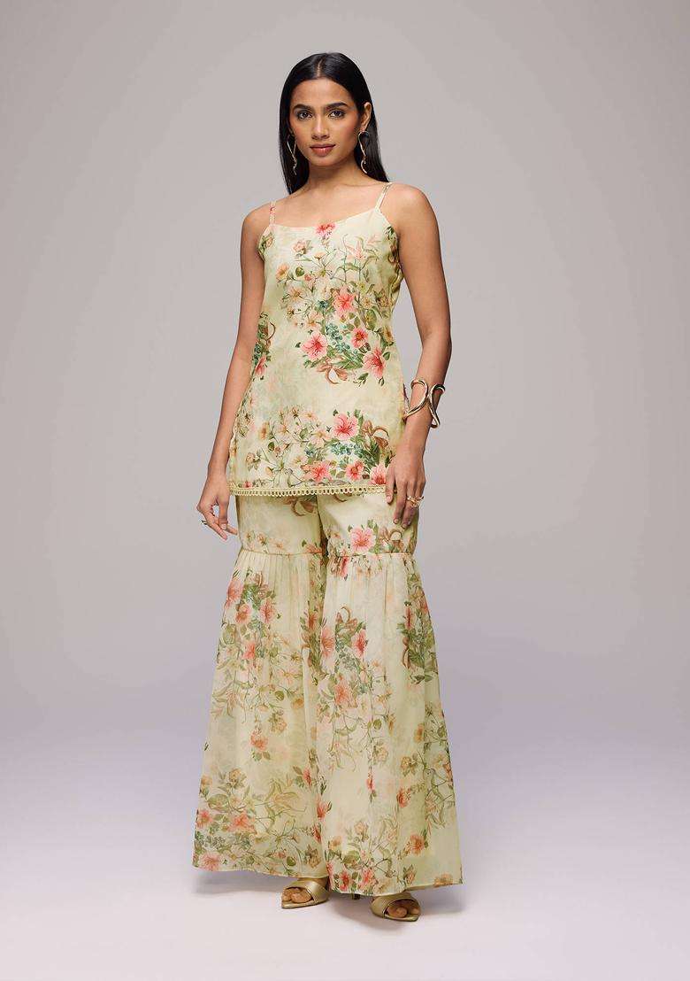 Off White Linen Floral Kurta and Sharara with Dupatta Set of 3 for Women Festive Wear - Indya