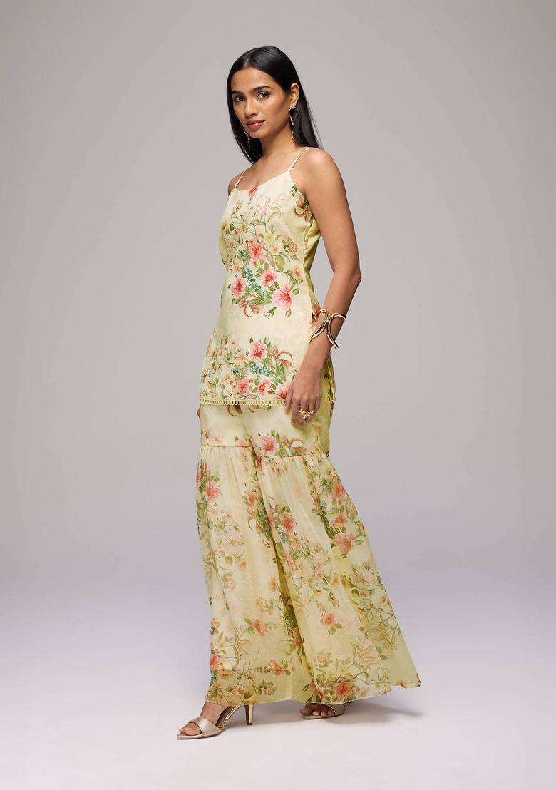 Off White Linen Floral Kurta and Sharara with Dupatta Set of 3 for Women Festive Wear - Indya