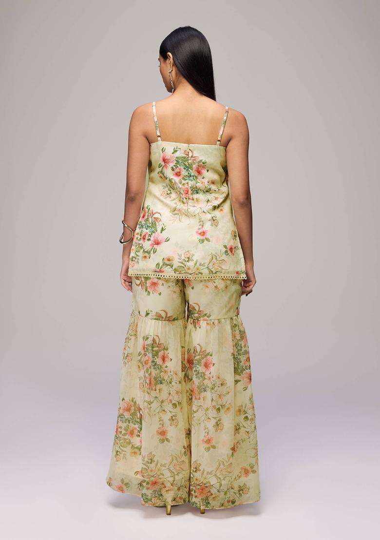 Off White Linen Floral Kurta and Sharara with Dupatta Set of 3 for Women Festive Wear - Indya