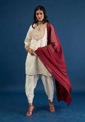 Off White Embroidered Kurta Salwar and Dupatta Set of 3 for Women Festive Wear