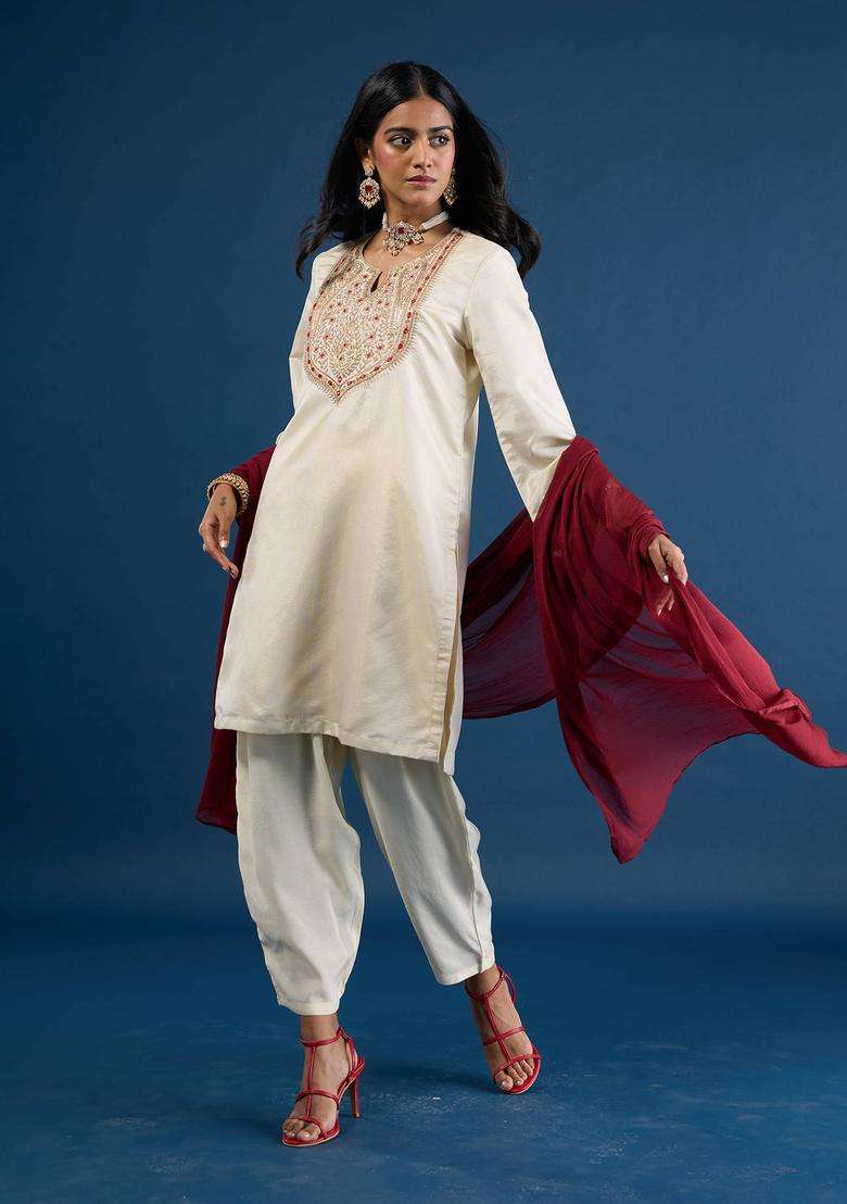 Off White Embroidered Kurta Salwar and Dupatta Set of 3 for Women Festive Wear - Indya