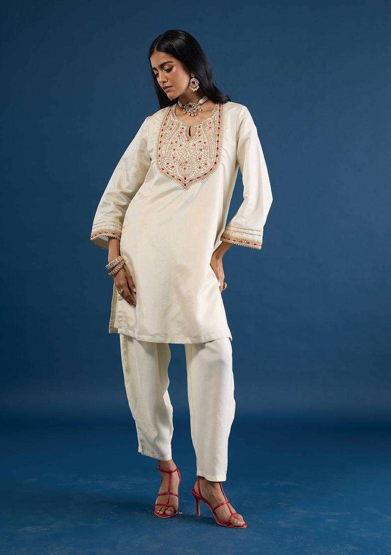 Off White Embroidered Kurta Salwar and Dupatta Set of 3 for Women Festive Wear - Indya