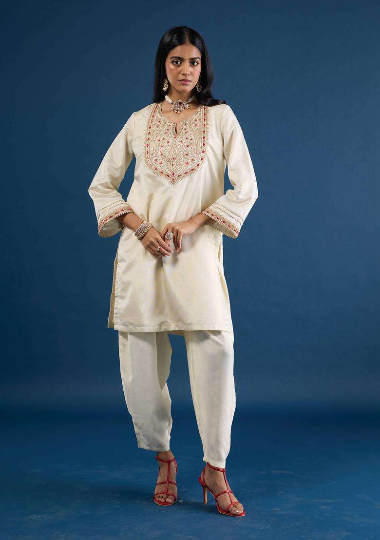 Off White Embroidered Kurta Salwar and Dupatta Set of 3 for Women Festive Wear - Indya