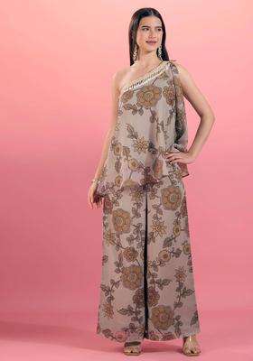 Olive Floral Print One Shoulder Top and Pant Set of 2 for Women Festive Wear