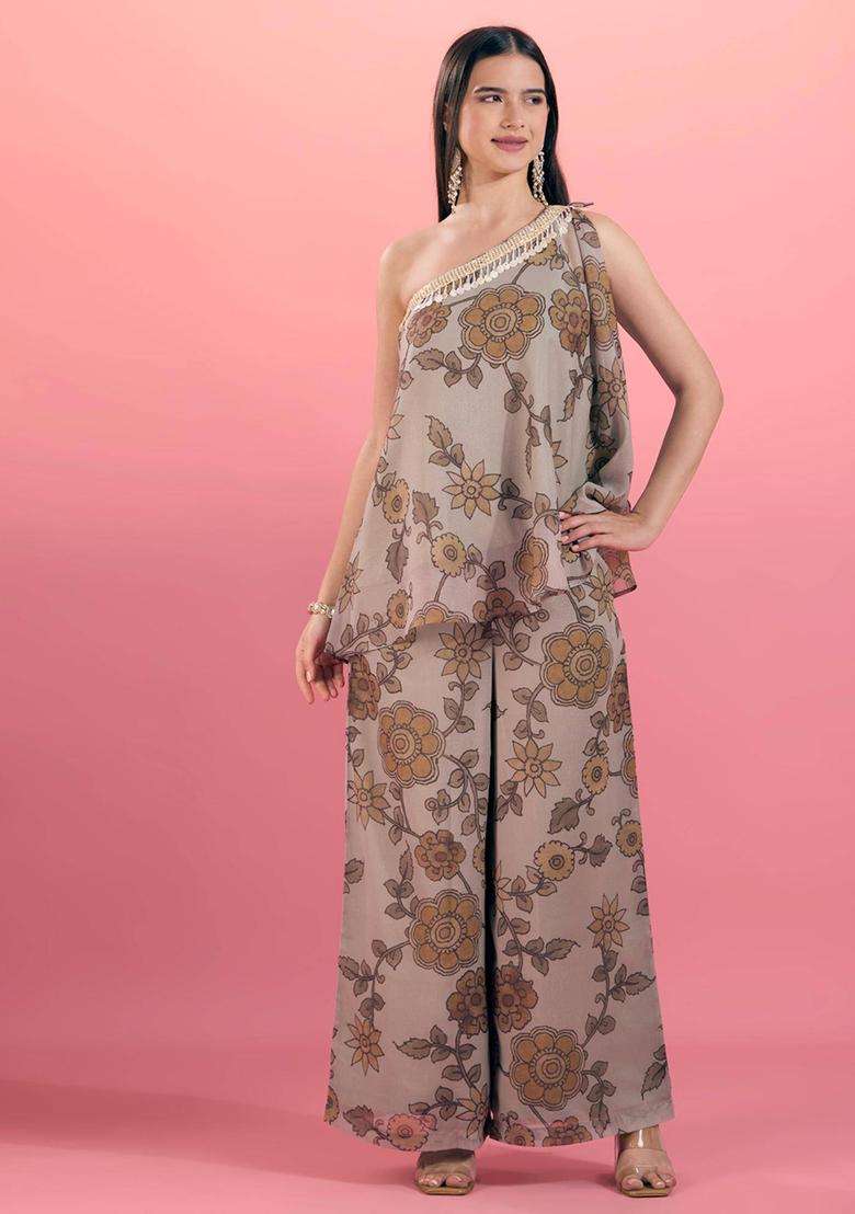 Olive Floral Print One Shoulder Top and Pant Set of 2 for Women Festive Wear - Indya