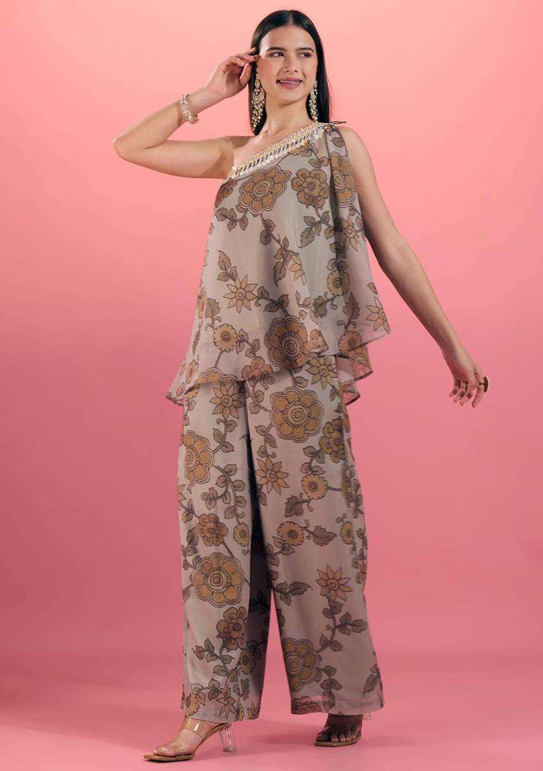 Olive Floral Print One Shoulder Top and Pant Set of 2 for Women Festive Wear - Indya
