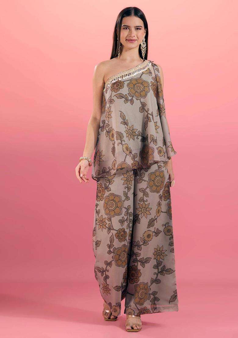 Olive Floral Print One Shoulder Top and Pant Set of 2 for Women Festive Wear - Indya