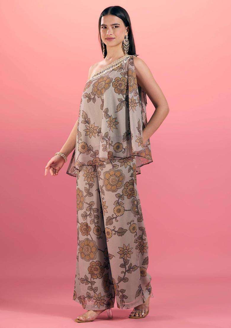 Olive Floral Print One Shoulder Top and Pant Set of 2 for Women Festive Wear - Indya