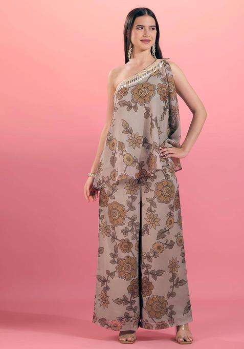 Olive Floral Print One Shoulder Top and Pant Set of 2 for Women Festive Wear