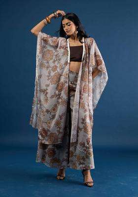 Olive Georgette Floral Printed Cape Bustier Top and Pant Set of 3 for Women Festive Wear