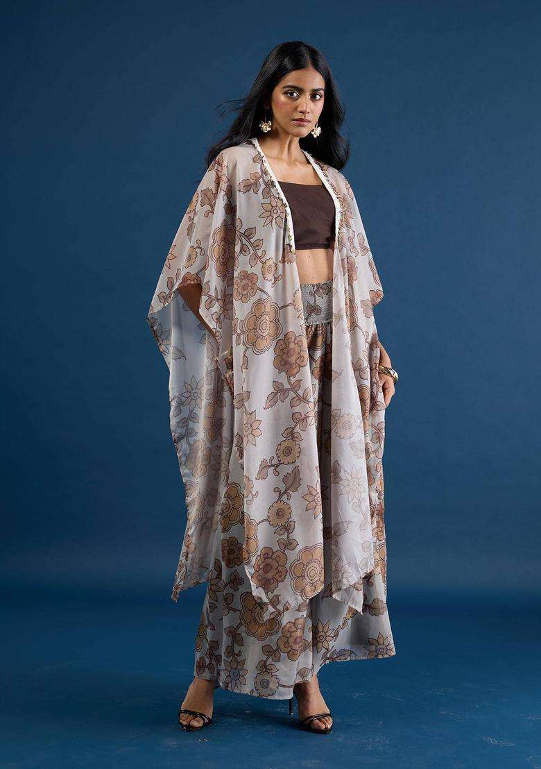 Olive Georgette Floral Printed Cape Bustier Top and Pant Set of 3 for Women Festive Wear - Indya