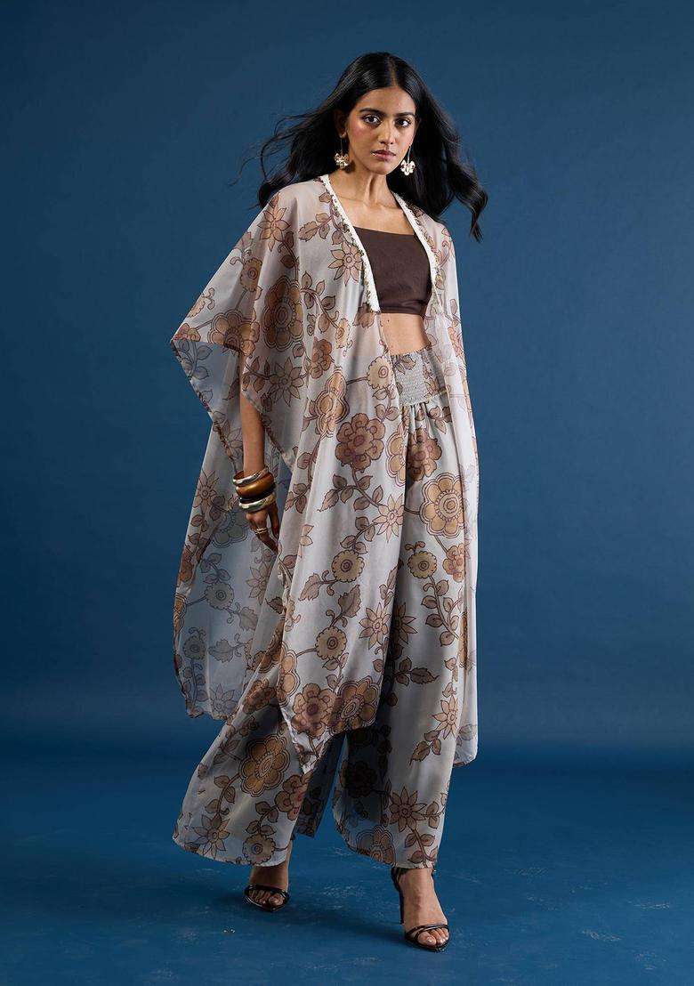 Olive Georgette Floral Printed Cape Bustier Top and Pant Set of 3 for Women Festive Wear - Indya